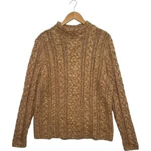 Lands End Sweater Womens XL 18 Tan Cable Knit Mock Neck Wool Blend Fisherman